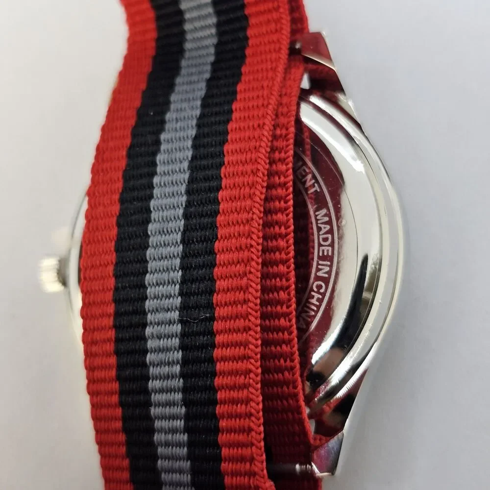 Men's Field Military Watch 42MM Black Dial Red Black Gray‎ Canvas Band Strap
